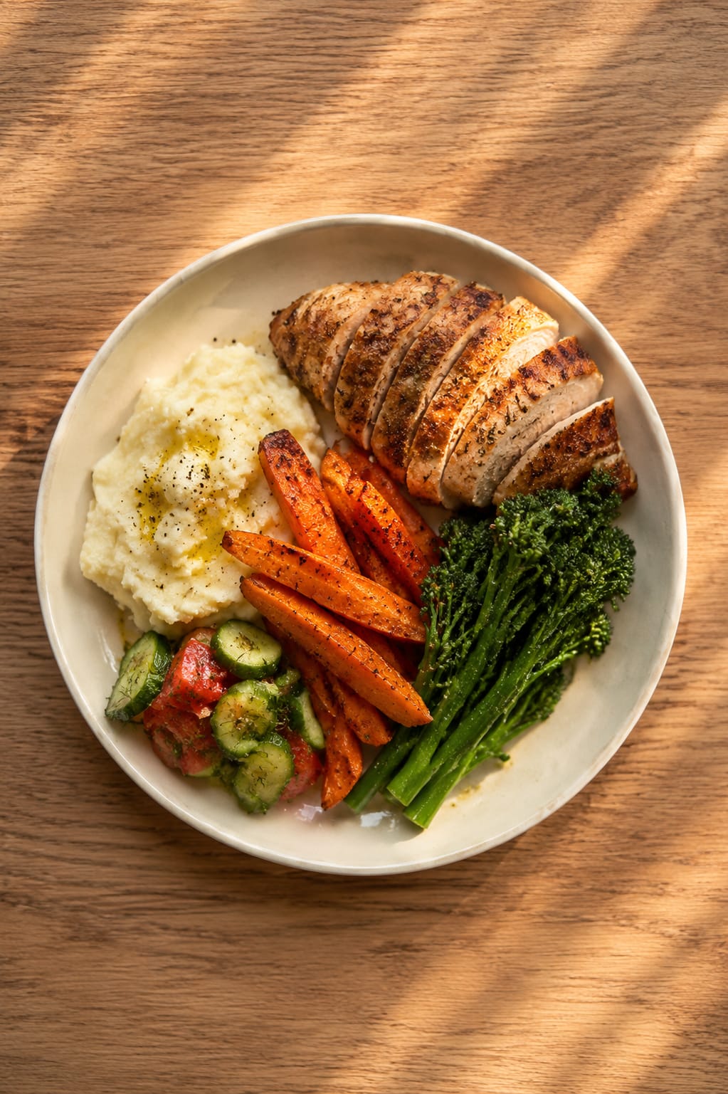 A plate seen from above: sliced roast chicken breast, mashed potato with olive oil and pepper, roast carrot batons, steamed broccolini and a cucumber-and-tomato salad, on a cream bowl on a wooden table in dappled sunlight.